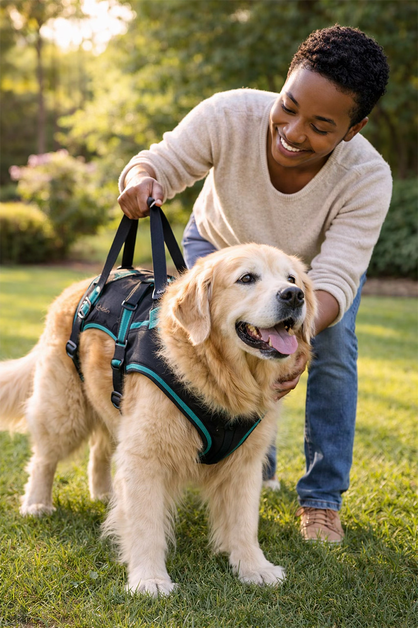 AHELP Project - Learning to use a harness to move around more comfortably can improve their quality of life. Senior dog and pet caregiver outside on the lawn. Caregiver lifting slightly on the harness to help the dog along.