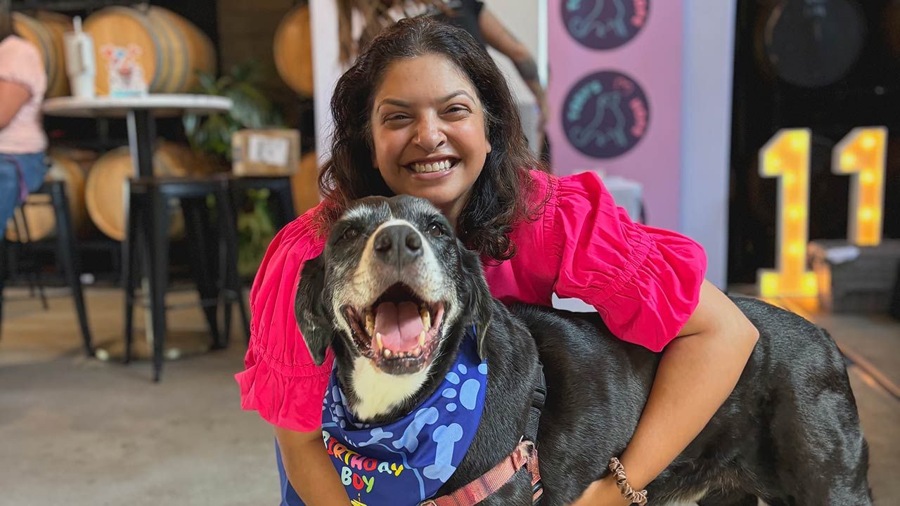 AHELP Project - Blog post, From Grief to Giving: An Interview With Toby’s Hope for Canine Cancer Founder Suman Kamath, photo of Suman and Toby celebrating Toby's birthday.