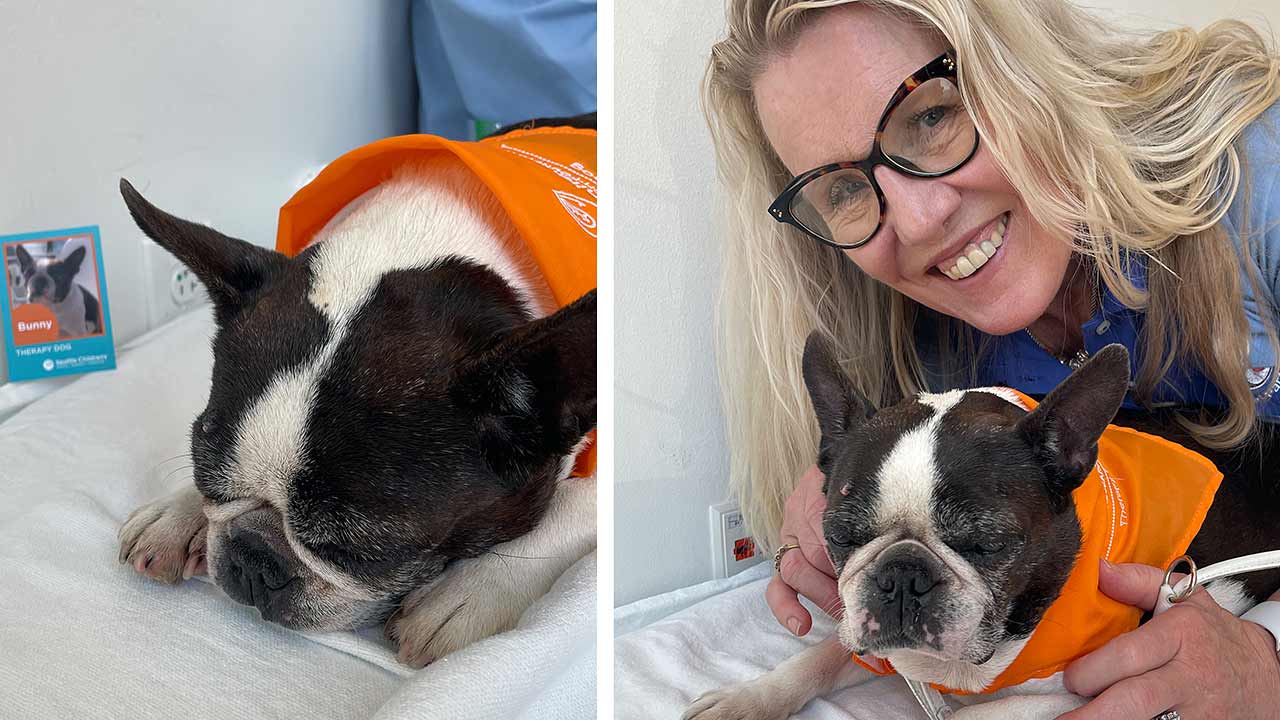 Bunny and Michelle volunteered with the Pet Partners Animal-Assisted Therapy Team at Seattle Children's Hospital. Photo of Bunny and Michelle volunteering with the Pet Partners Animal-Assisted Therapy Team at Seattle Children's Hospital.