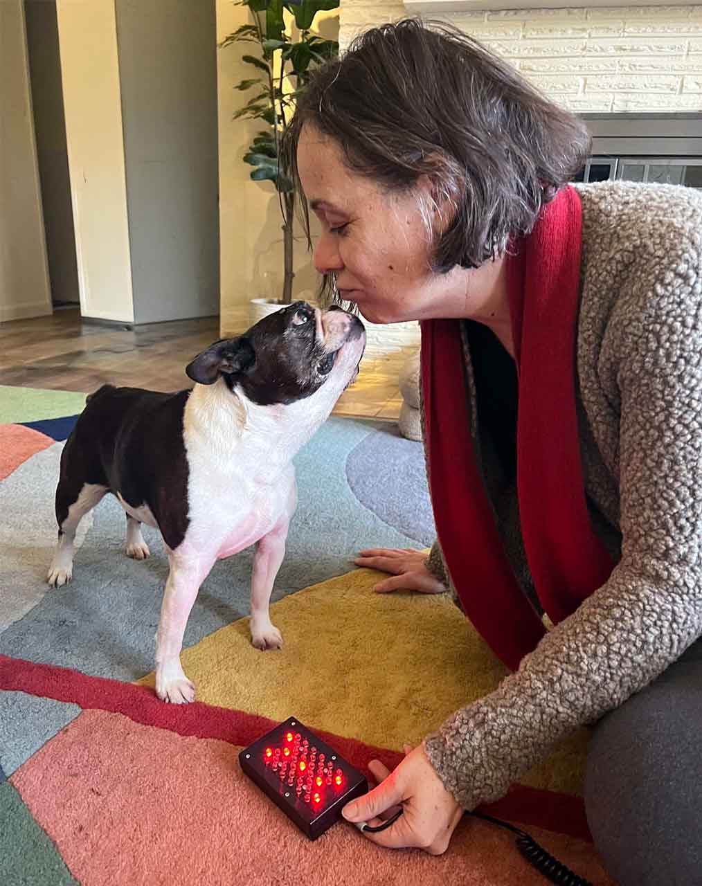 AHELP Project - Photo of Michelle Nichols’ dog, Bunny, thanking Dr. Marta Nobrega during a home laser treatment. Bunny and Dr. Nobrega sitting on the family room floor and Bunny giving kisses.