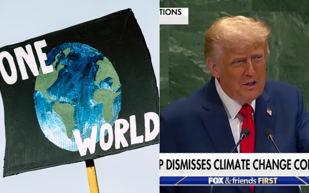 One World climate protest sign alongside a political speech