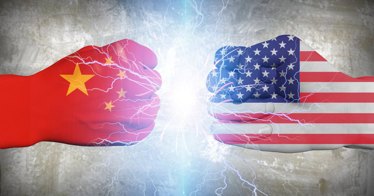China and US flags clashing, fist illustration
