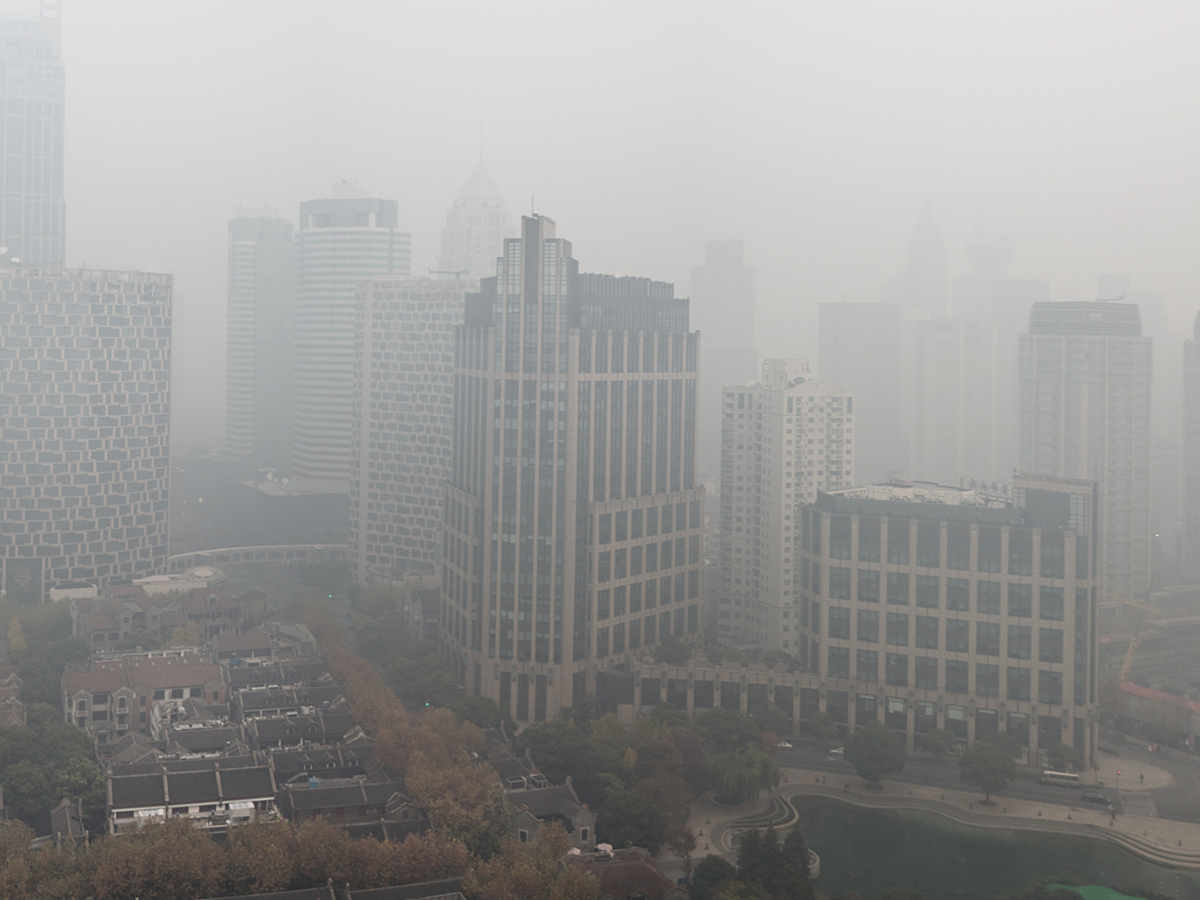 Shanghai skyline in heavy smog