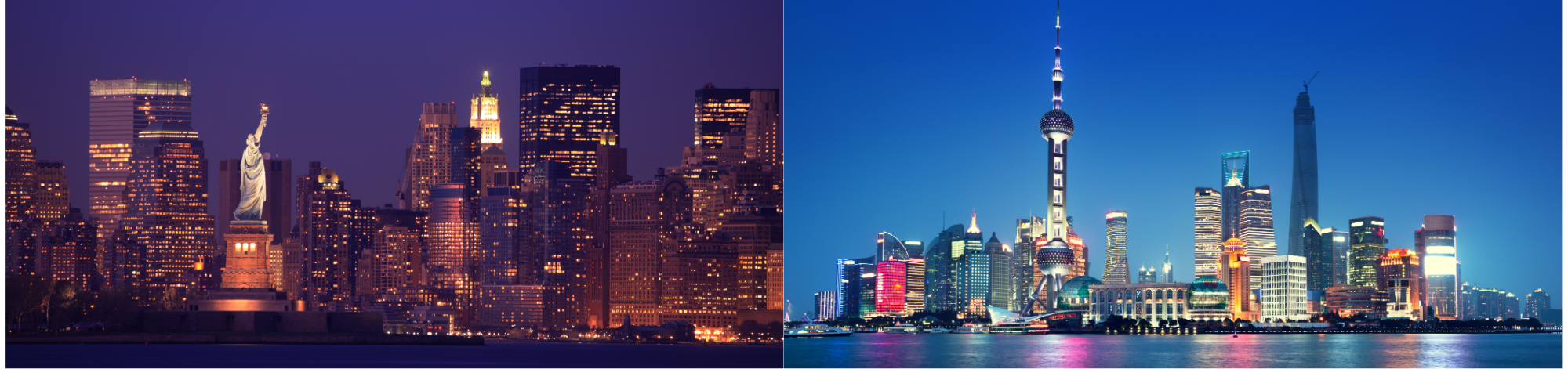 New York City and Shanghai skylines at night