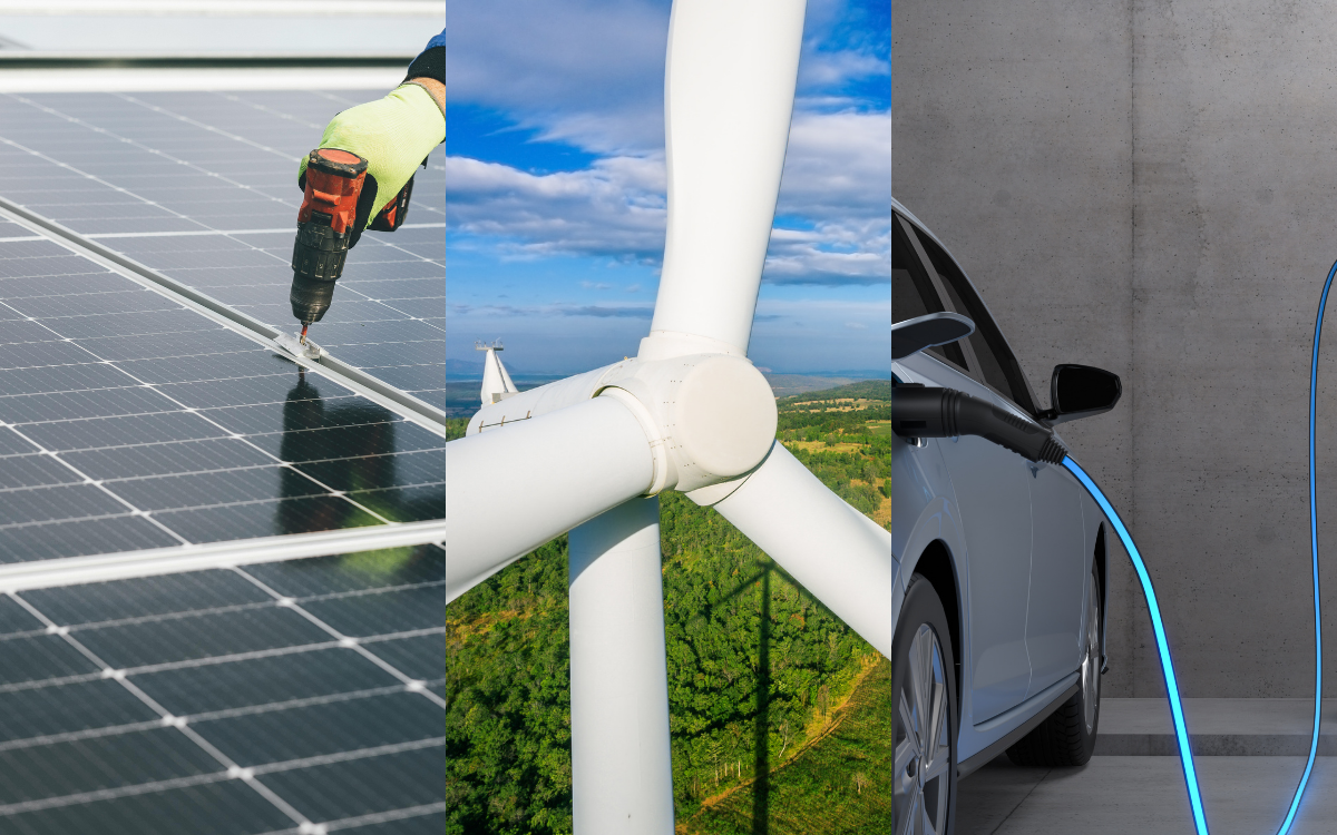 Solar panels, wind turbines, and electric vehicles