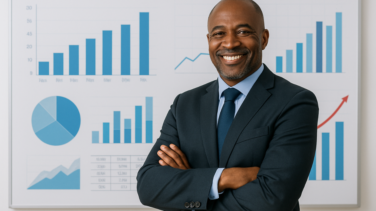 Confident businessman standing with arms crossed in front of a whiteboard filled with financial graphs, smiling to symbolize balance between profit and peace.