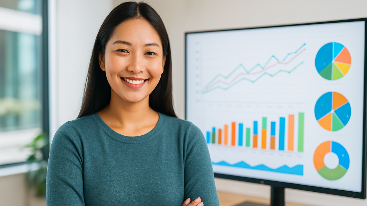 Confident businesswoman smiling with arms crossed in a modern office, standing in front of a digital screen displaying colorful financial charts and graphs, symbolizing balance between profit and peace.