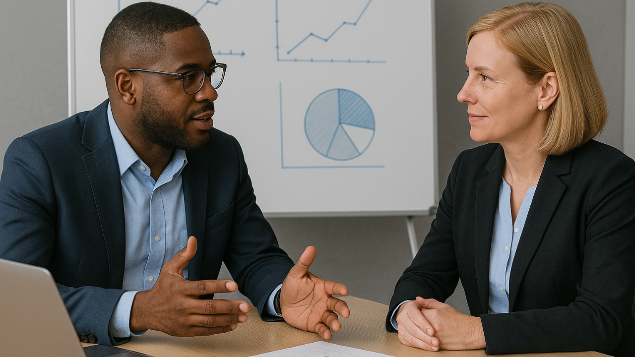 Two business professionals in a boardroom engaged in a serious money conversation, with financial charts on a whiteboard behind them, symbolizing financial dialogue and transparency.