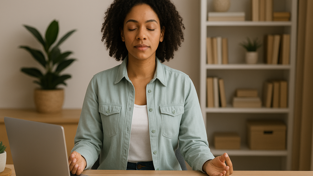 Female therapist meditating at her desk with eyes closed, hands resting on her lap, surrounded by books, plants, and natural light, modeling a calming self-care ritual between clients