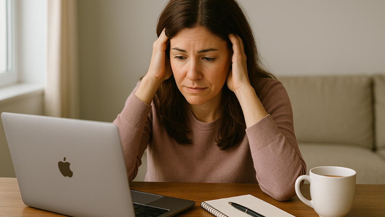 A woman sits at her desk with a coffee, notebook, and laptop, looking thoughtfully focused in a warm, natural-light workspace.