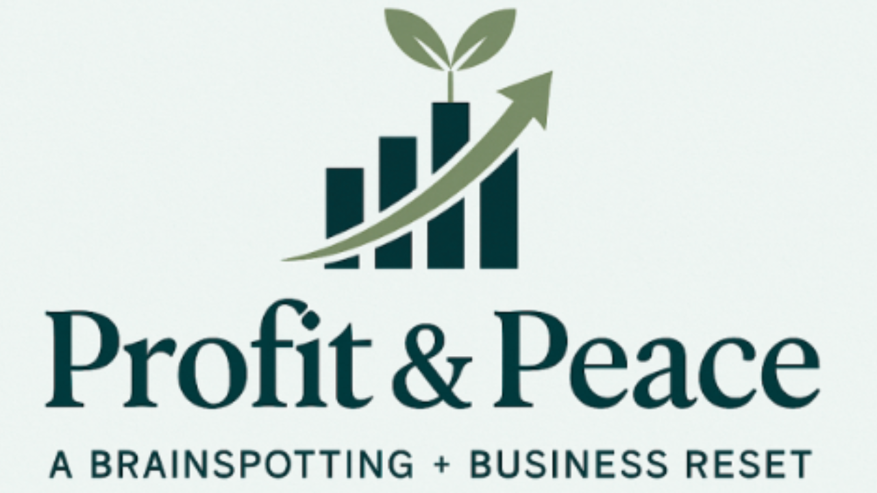 Profit & Peace logo featuring a bar chart with an upward arrow that transforms into a growing plant, symbolizing sustainable growth. Text reads: “Profit & Peace – A Brainspotting + Business Reset.”