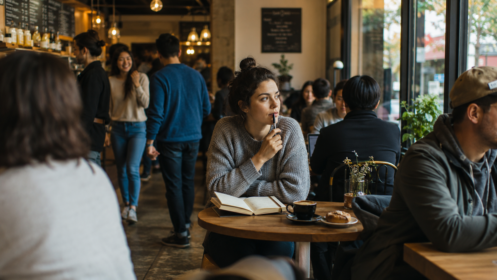 Woman observing people in a busy coffee shop while reading, illustrating how everyday life is a continuous classroom for learning