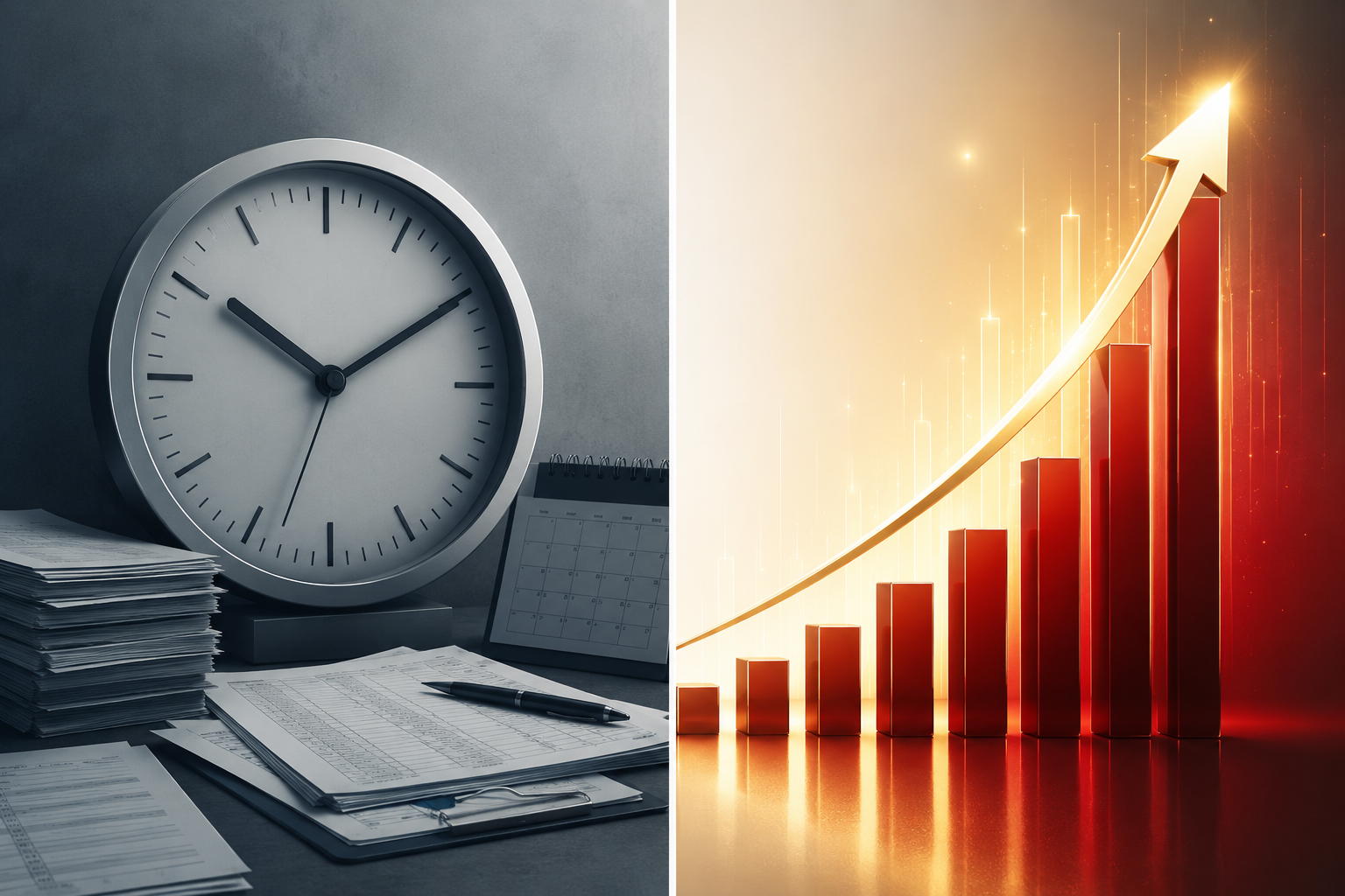 Split image contrasting a clock symbolizing hourly billing on the left with a rising golden arrow and growth chart symbolizing value-based pricing on the right