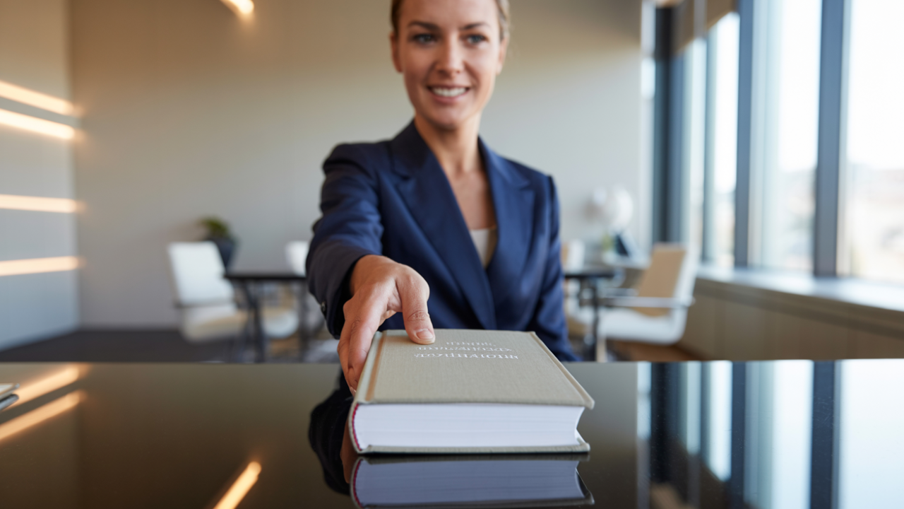 A confident consultant or author handing over a book across a meeting table