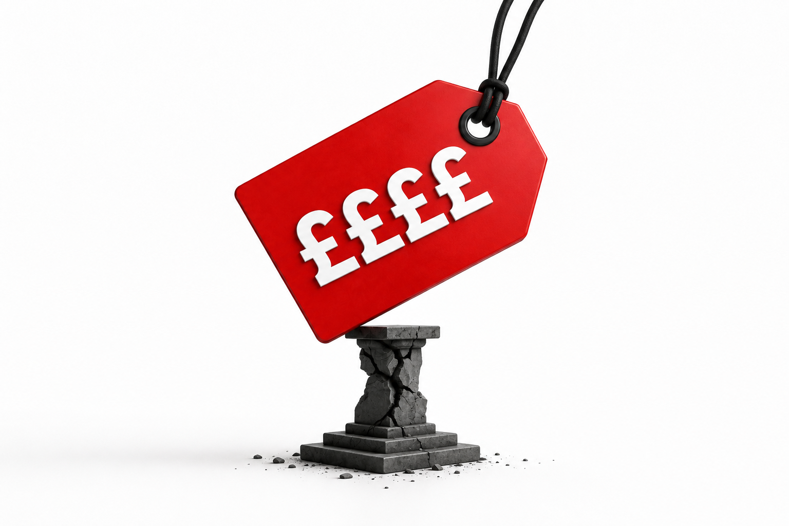 Red price tag with £££ symbols balanced on a cracked, crumbling stone pedestal
