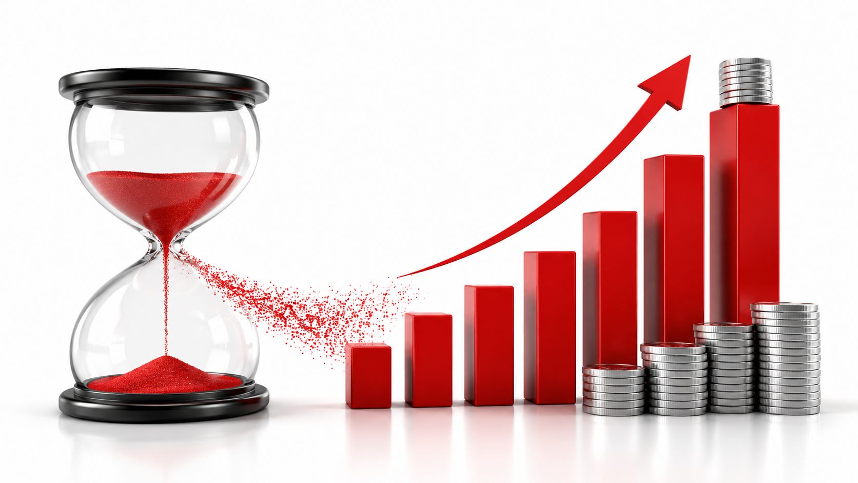 Hourglass with sand transforming into a rising red bar chart and stacked coins, symbolizing turning time into growing value