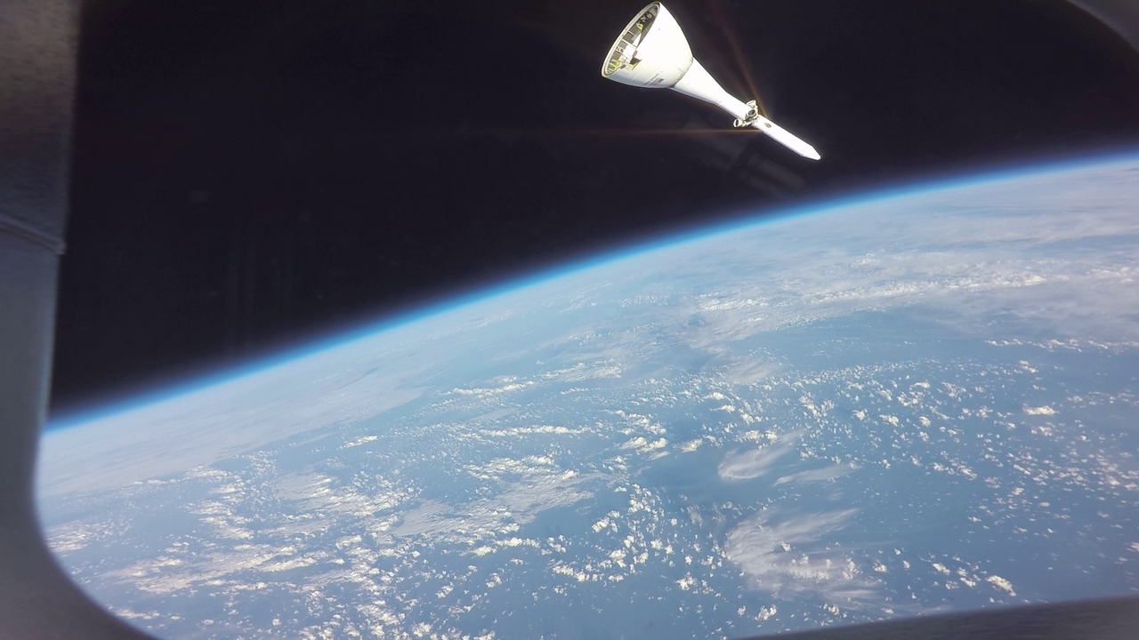 The launch abort system after it was jettisoned, as viewed by an automatic camera on Integrity