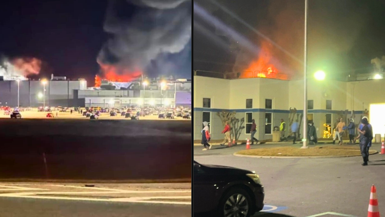 Two views of the fire in the boiler room reaching above the roof at the Tyson Foods facility in Camilla, Georgia on December 26, 2024
