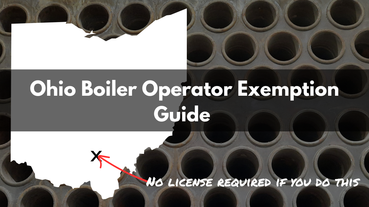 Title text of Ohio Boiler Operator Exemption Guide with a graphic of the state of ohio shape and subtitle no license required if you do this