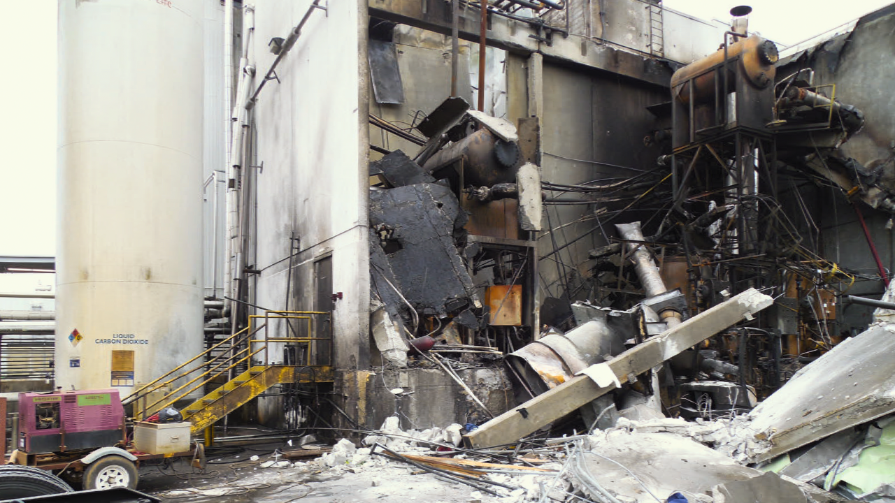 Aftermath of the explosion and fire at the Tyson Foods facility in Camilla, Georgia