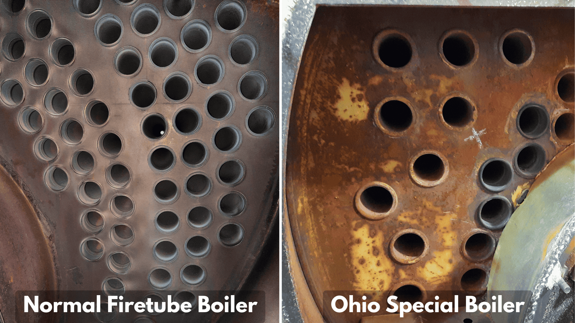 Tube layout comparison between a standard firetube boiler and an Ohio Special boiler with wider tube spacing