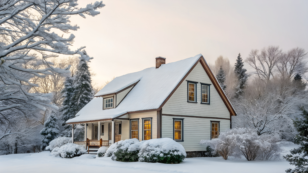 Snow-covered house in winter setting.