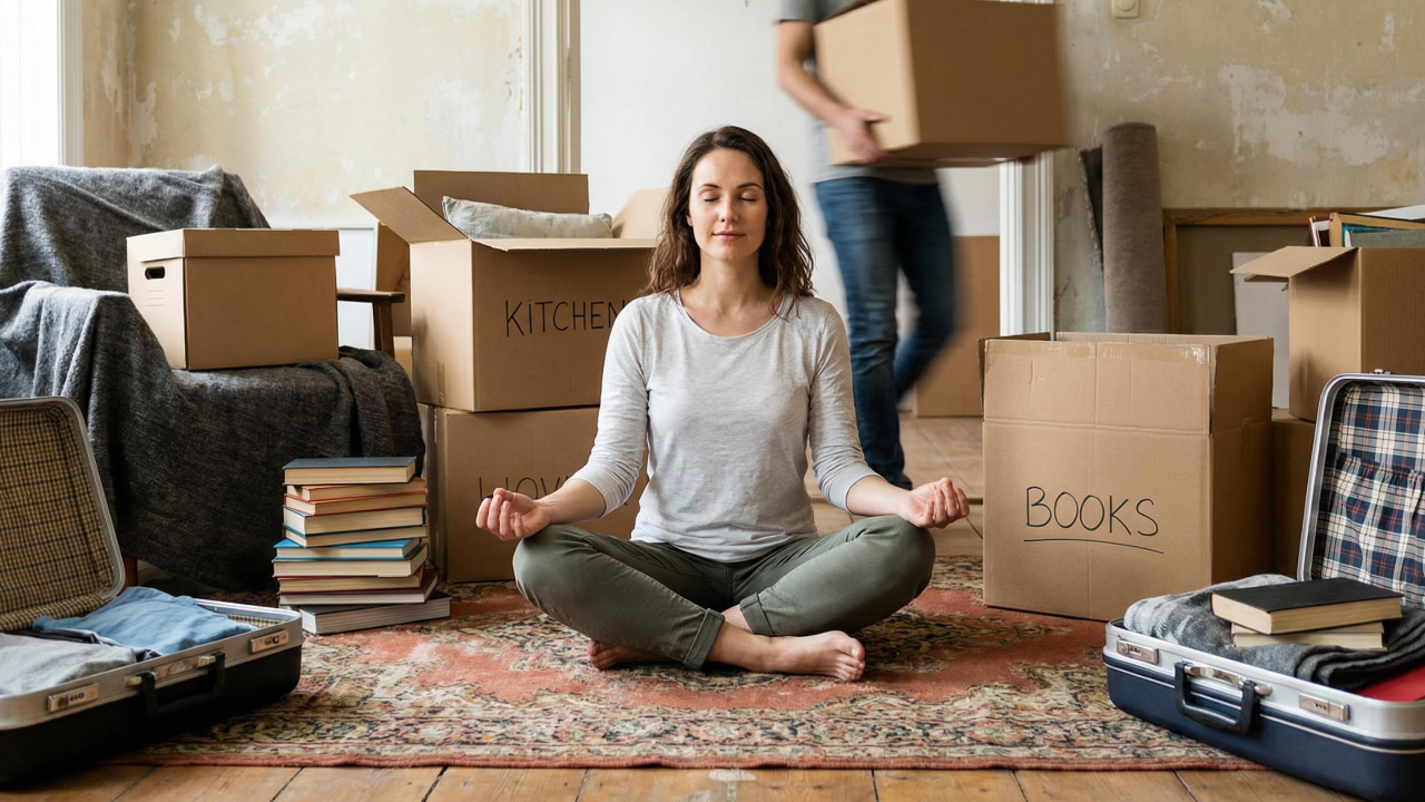 A woman meditating in a room filled with moving boxes