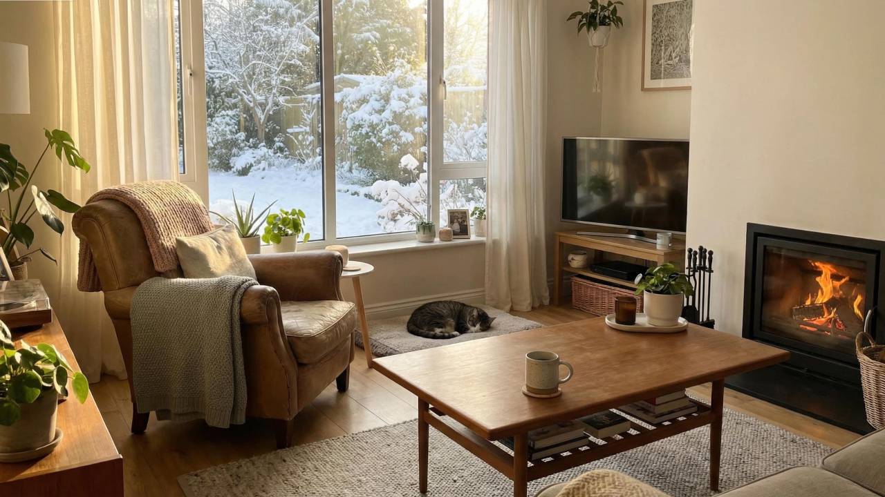 Cozy living room with fireplace and snowy window view.