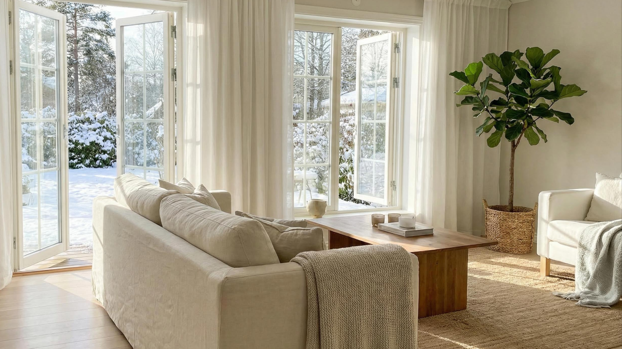 Bright, modern living room with doors opening to a winter garden view.