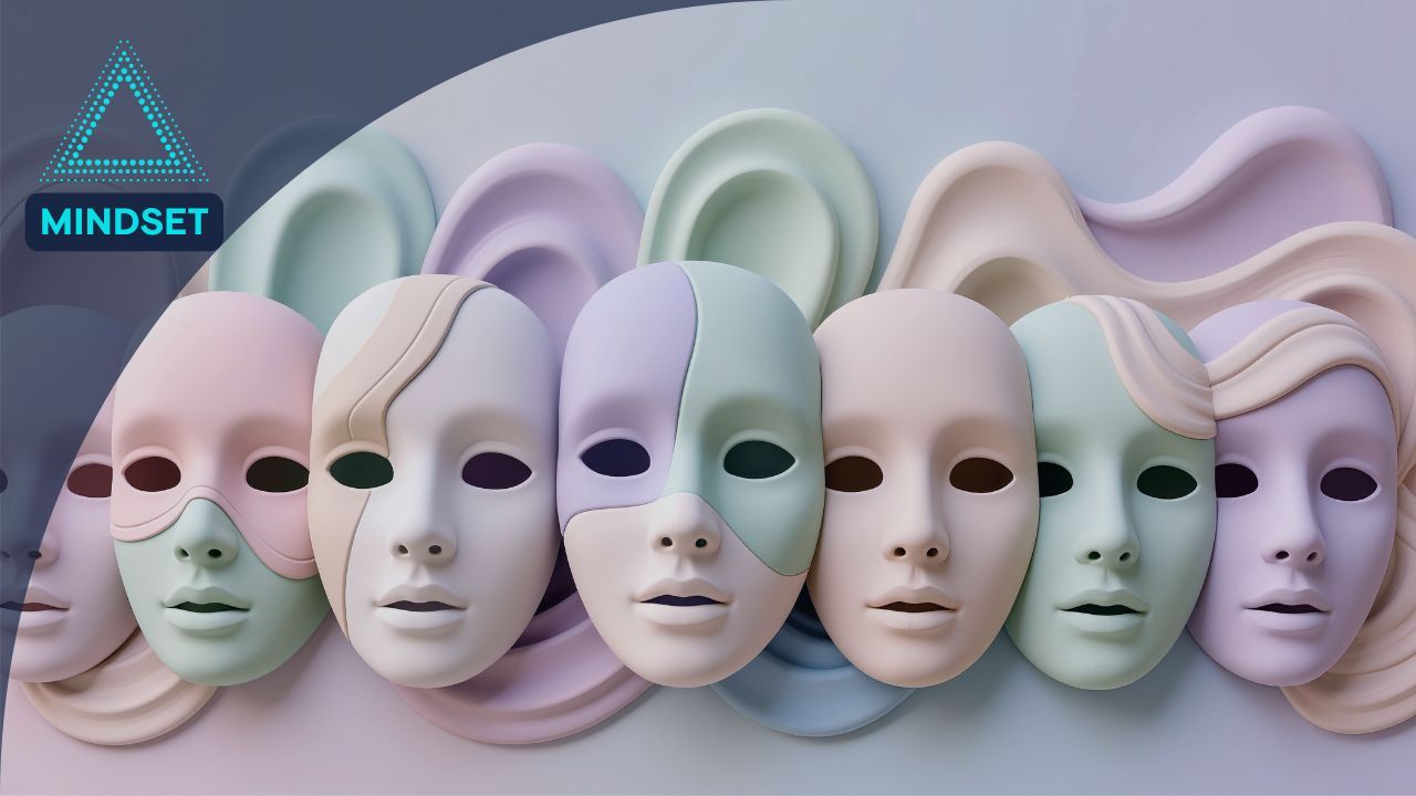 Abstract masks representing 7 different mind blocks and mindset patterns that quietly influence thoughts, behavior, and self-awareness.