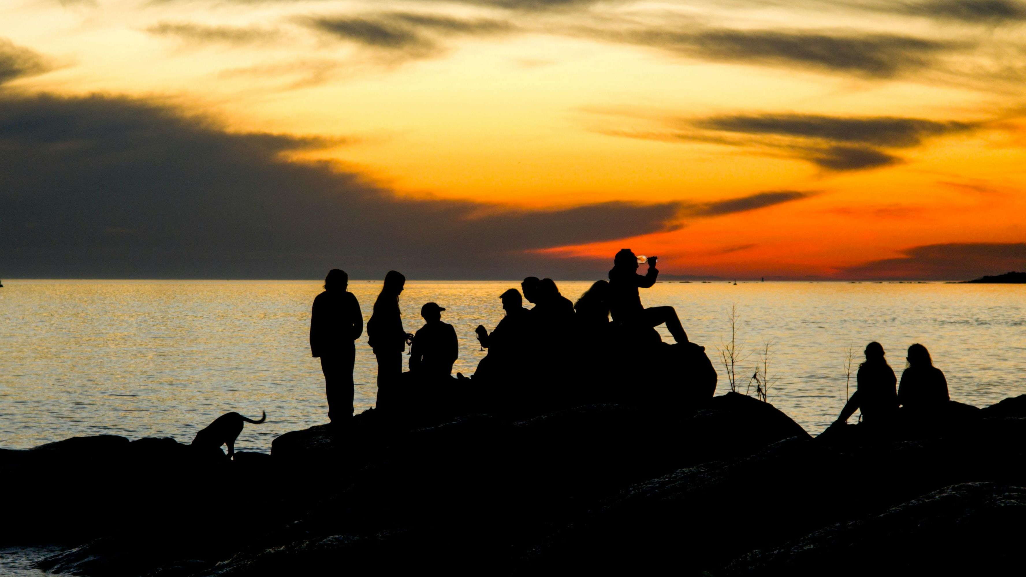 Silhouettes of friends sitting by the ocean at sunset representing outside influences on relationships.