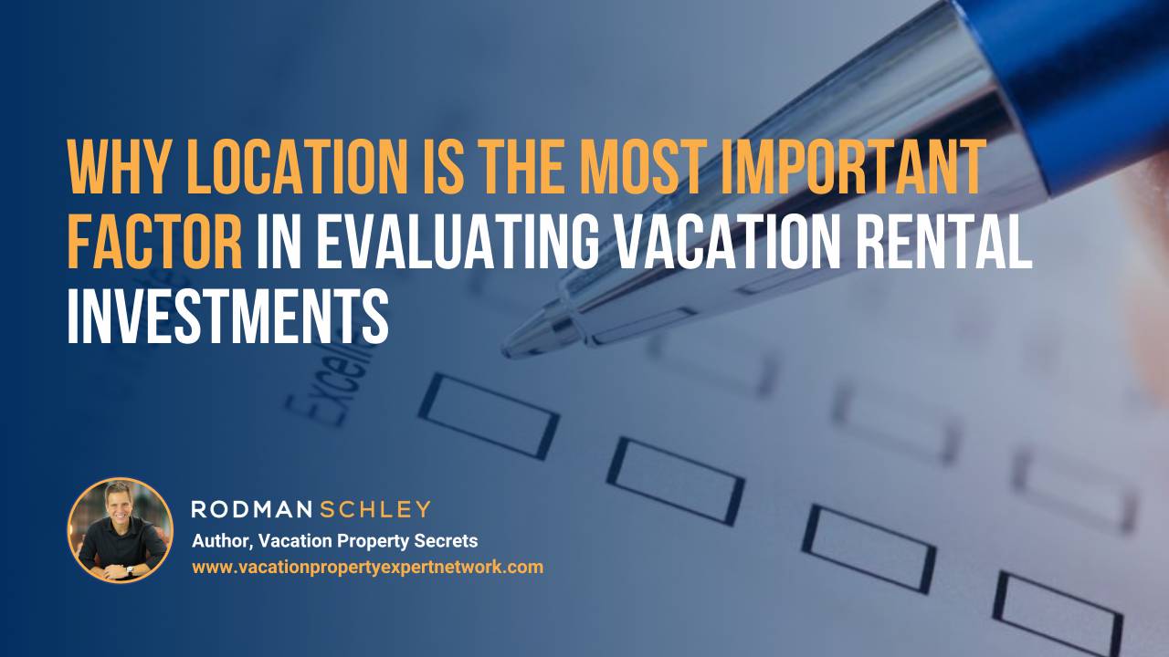 Image of a newspaper headline reading 'Where to invest your money?' with financial graphics like pie charts and a pair of glasses, overlaid by a street sign pointing to 'Real Estate' and 'Stocks.' Text overlay reads 'How to Analyze the Local Vacation Rental Market Before Investing' with a small portrait of Rodman Schley, Author of 'Vacation Property Secrets' and the website www.vacationpropertyexpertnetwork.com.