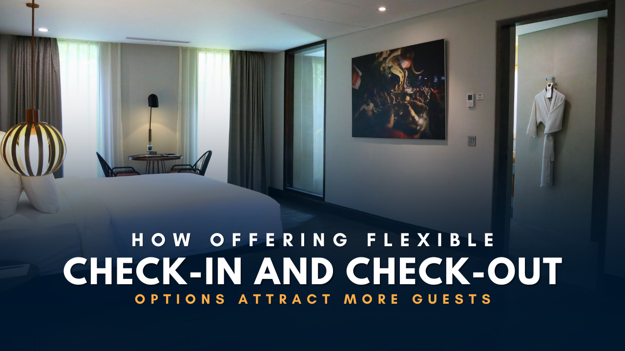 Image of a scenic coastal view with clear blue water, green hills, and a tree branch in the foreground. Text overlay reads 'How Can Offering Flexible Check-in and Check-out Options Attract More Guests' with a small portrait of Rodman Schley, Author of 'Vacation Property Secrets' and the website www.vacationpropertyexpertnetwork.com.