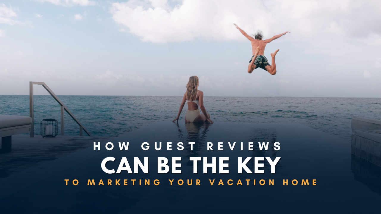 Graphic showing a laptop with a digital document and pen, alongside the text: 'How can guest reviews be the key to marketing your vacation rental.' Includes a small photo of Rodman Schley with the caption: 'Rodman Schley, Author, Vacation Property Secrets' and the website www.vacationpropertyexpertnetwork.com.