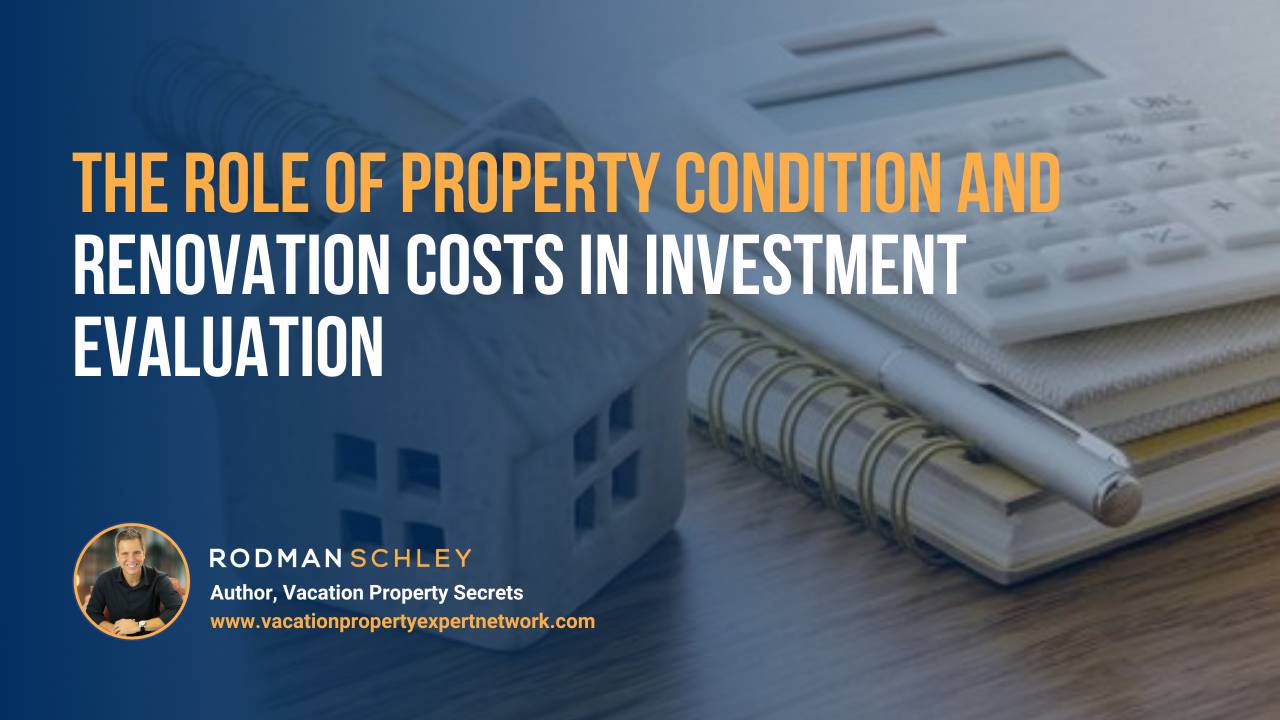 Image of a person writing on paper beside a large diagram labeled “Cash Flow,” surrounded by hand-drawn icons representing business, analysis, investment, and money. Text overlay reads: “How to Calculate ROI and Cash Flow for Vacation Rental Investments.” Small portrait of Rodman Schley, Author of "Vacation Property Secrets," and the website www.vacationpropertyexpertnetwork.com.