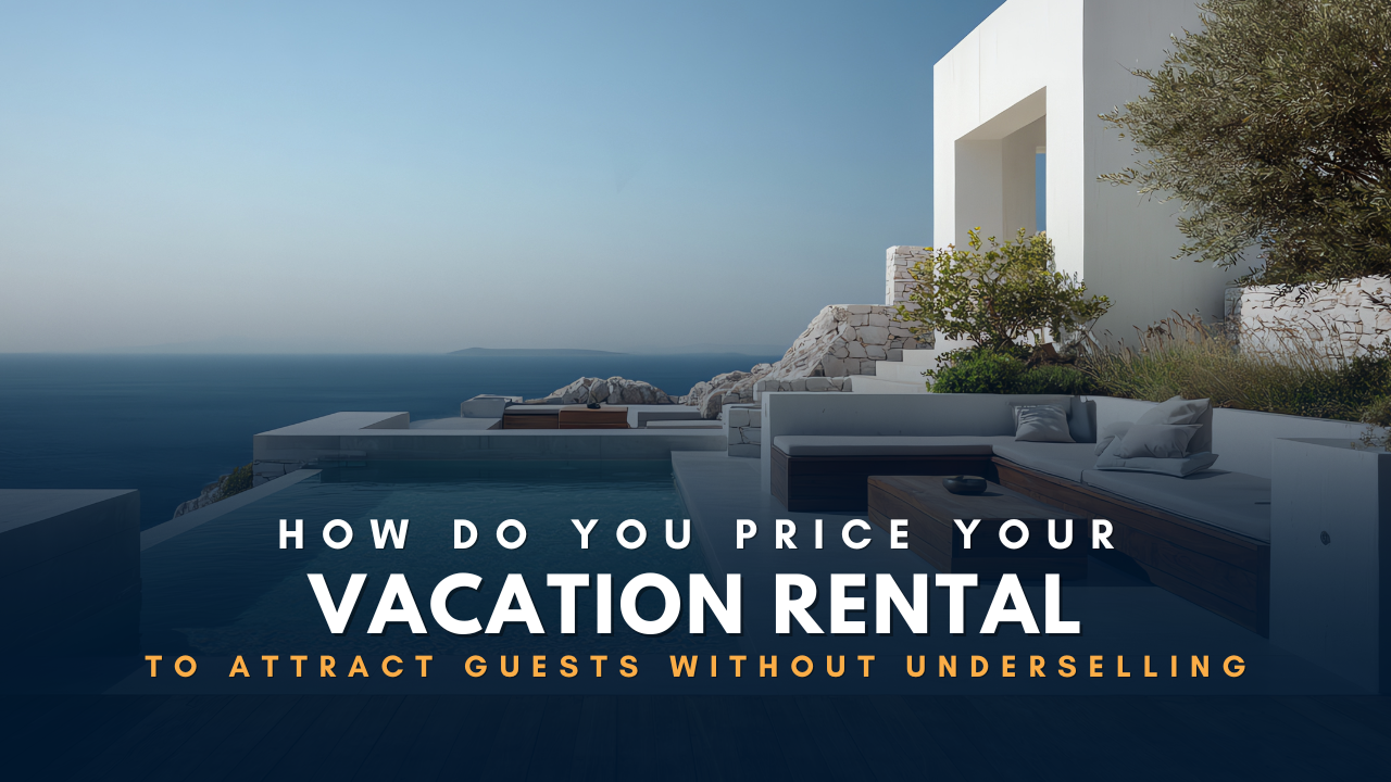 Image of a tropical beach with palm trees and waves under a blue sky. Overlaid text reads: 'How do you price your vacation rental to attract guests without underselling.' Below is a photo of Rodman Schley, author of 'Vacation Property Secrets,' along with his website www.vacationpropertyexpertnetwork.com. A price tag icon is shown on the right side.