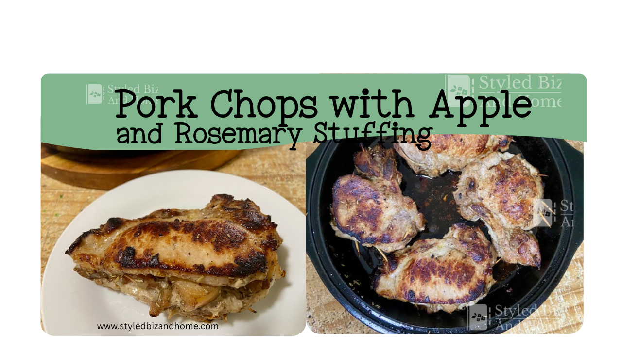 Pork Chops with Apple and Rosemary Stuffing on a skillet