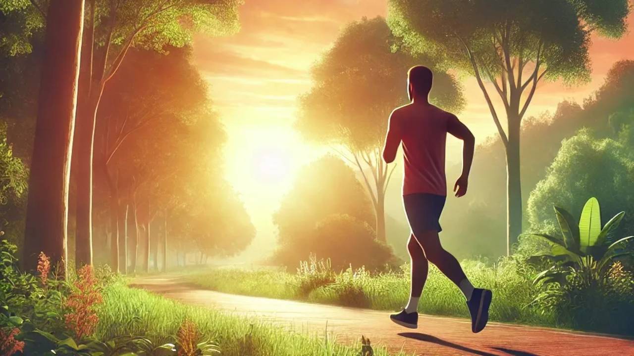 A serene and inspiring landscape of a person jogging in a park during sunrise. The scene features lush greenery, a vibrant sky, and warm, uplifting tones, symbolizing health, motivation, and a fresh start on a weight loss journey.