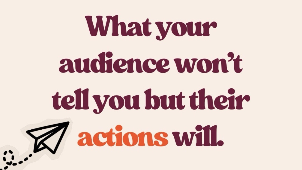 Minimal beige graphic with bold maroon and orange text reading “What your audience won’t tell you but their actions will.” Includes a small paper airplane illustration and Brandakin Social Media branding at the bottom.