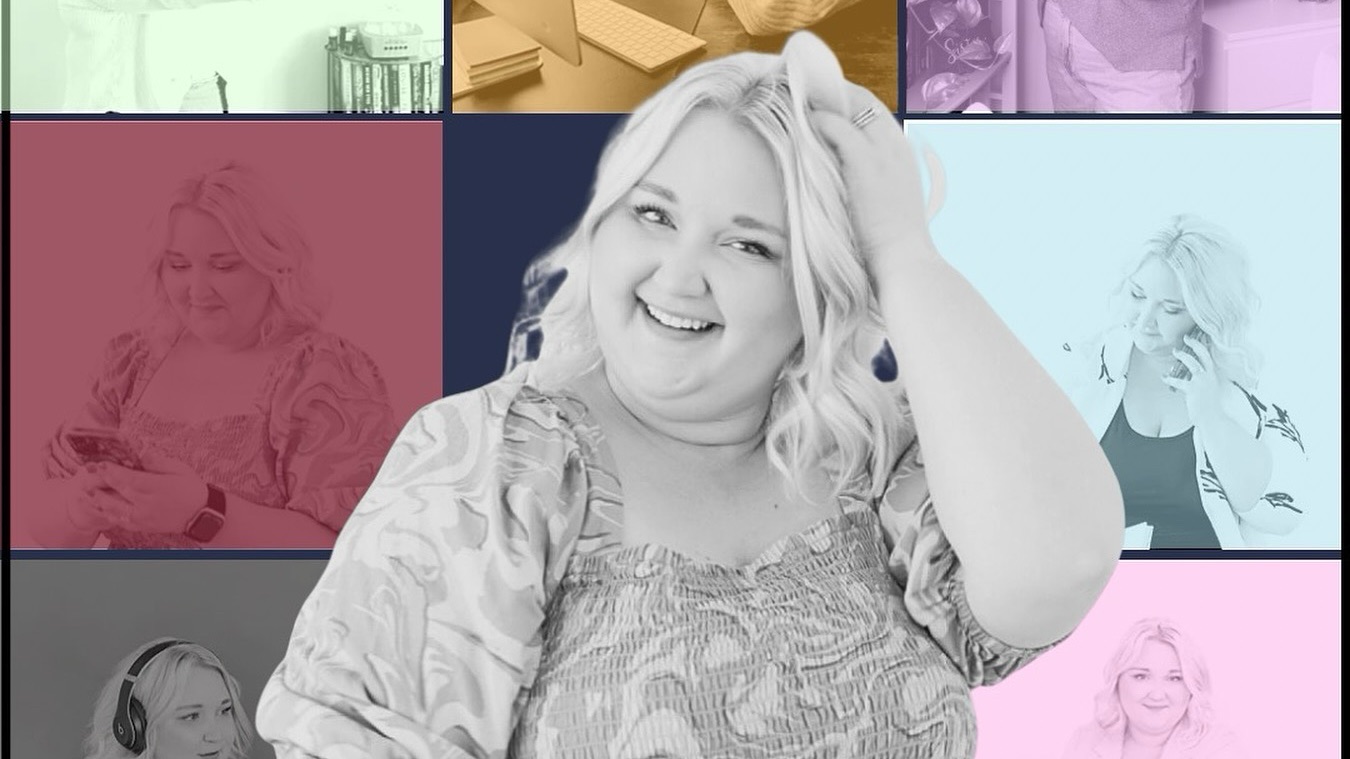 A collage of a cheerful woman working in various cozy, creative environments—taking selfies, on the phone, using a computer, recording with headphones, and interacting with dogs—highlighting her approachable, confident personality and dynamic presence in her business. The center image features her smiling in a patterned dress with her hand in her hair, surrounded by softly tinted pastel panels of her in action.