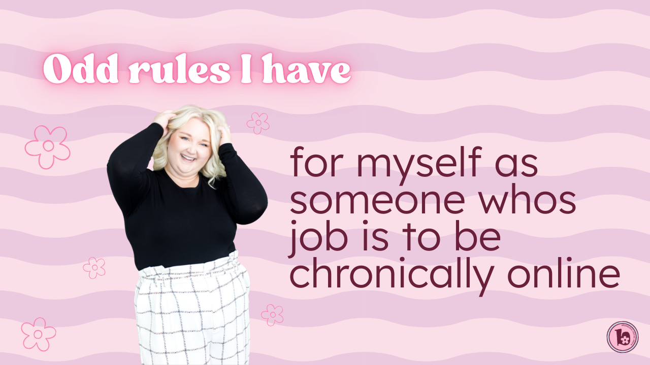 Branded pink and lavender graphic with wavy background and small flower illustrations. A smiling blonde woman in a black top and white checkered pants poses on the left, holding her hair. Large text reads: “Odd rules I have for myself as someone whose job is to be chronically online.” Brandakin Social Media logo appears in the bottom corner.