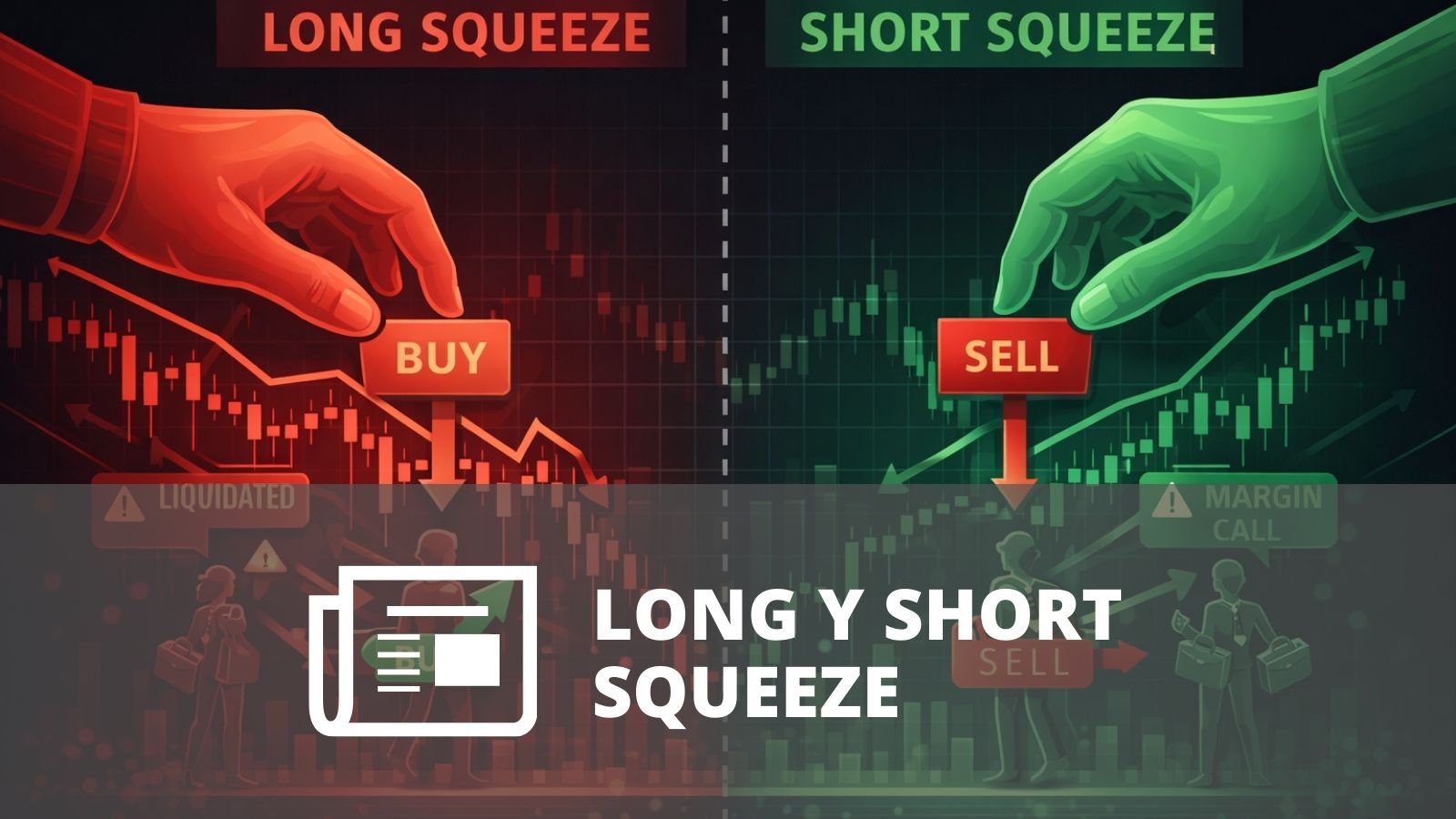 Gráfico de precio mostrando un short squeeze y un long squeeze con presión de compra y venta
