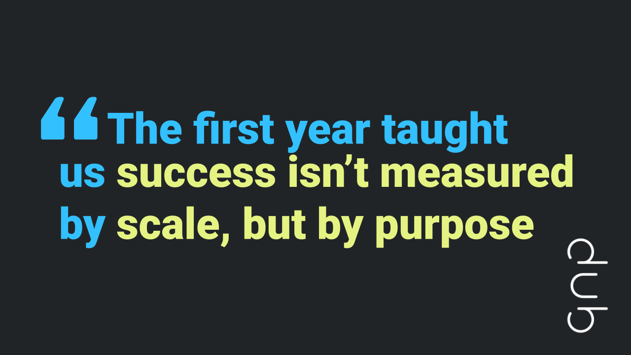 Quote graphic with text: "The first year taught us success isn’t measured by scale, but by purpose" Dub Dub Data