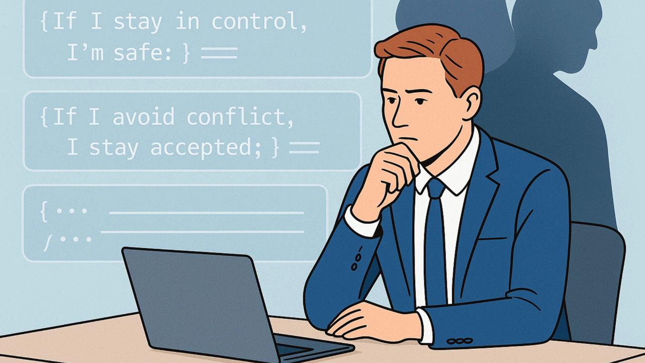 Illustration of a leader reflecting at their desk with emotional beliefs like “If I stay in control, I’m safe” shown behind them as code, symbolising internal patterns that shape leadership.