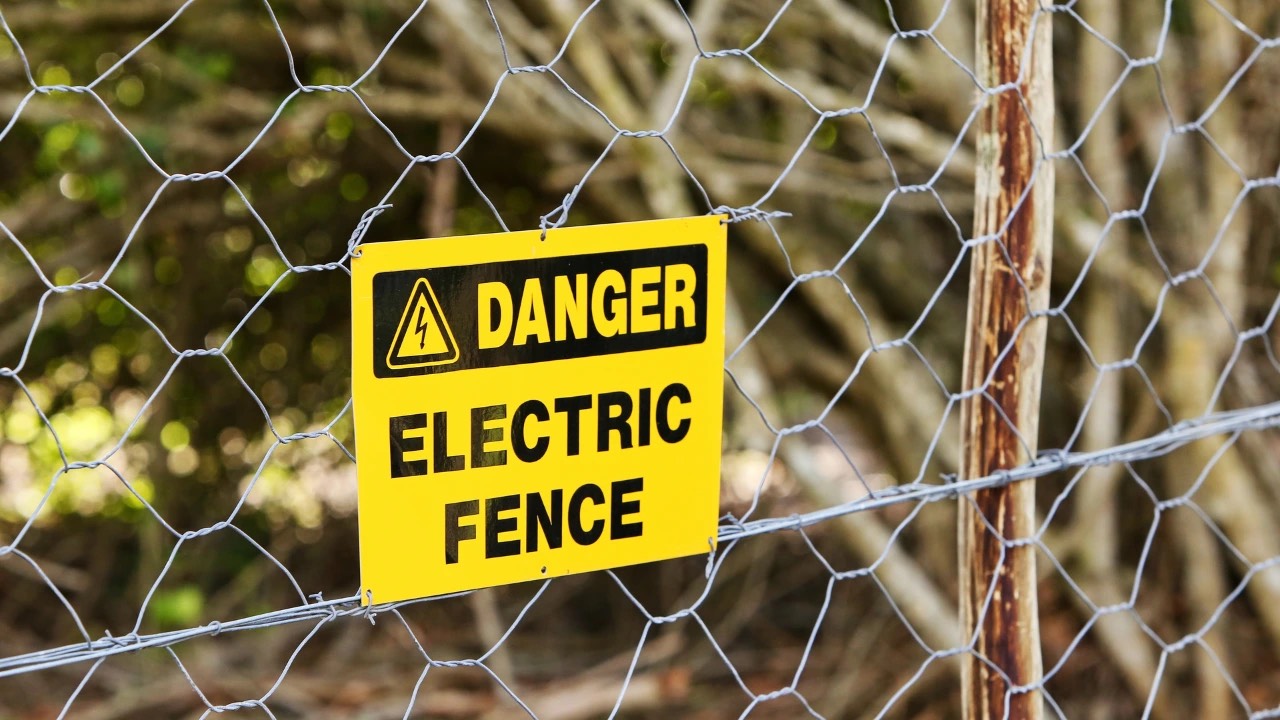 visible wire electric fence with a weathered wooden post, symbolizing an invisible barrier or organizational fear that prevents movement.