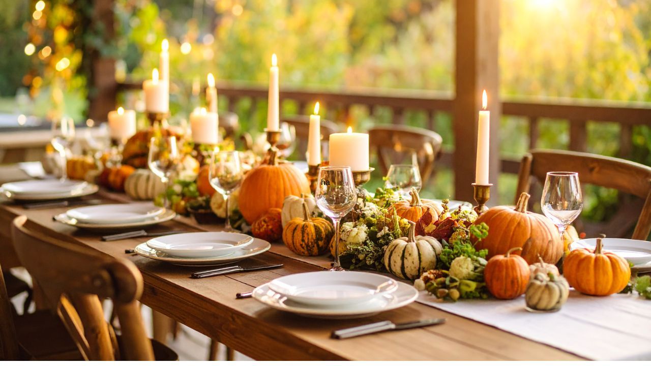 A beautifully set outdoor Thanksgiving table with pumpkins, candles, and autumn greenery, representing a warm, intentional holiday gathering.