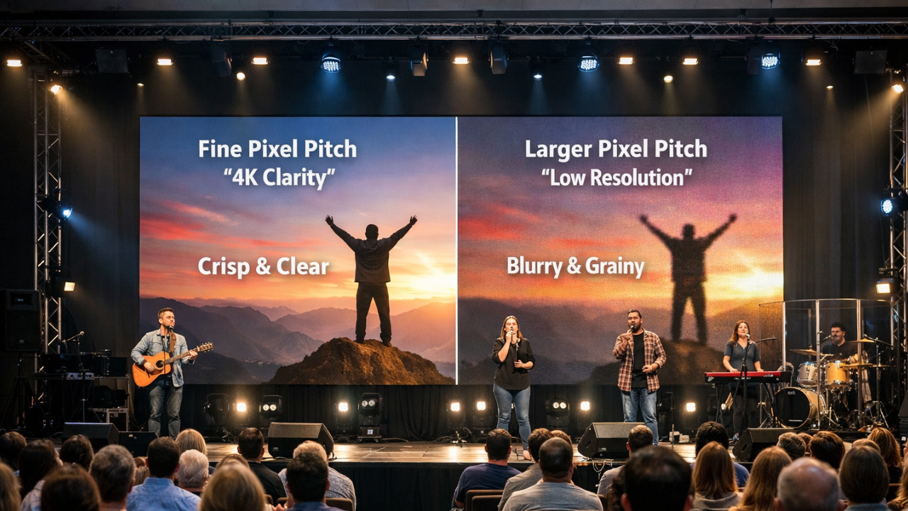 Church LED wall showing pixel pitch comparison with clear vs low-resolution visuals, worship team on stage, and congregation viewing from different distances