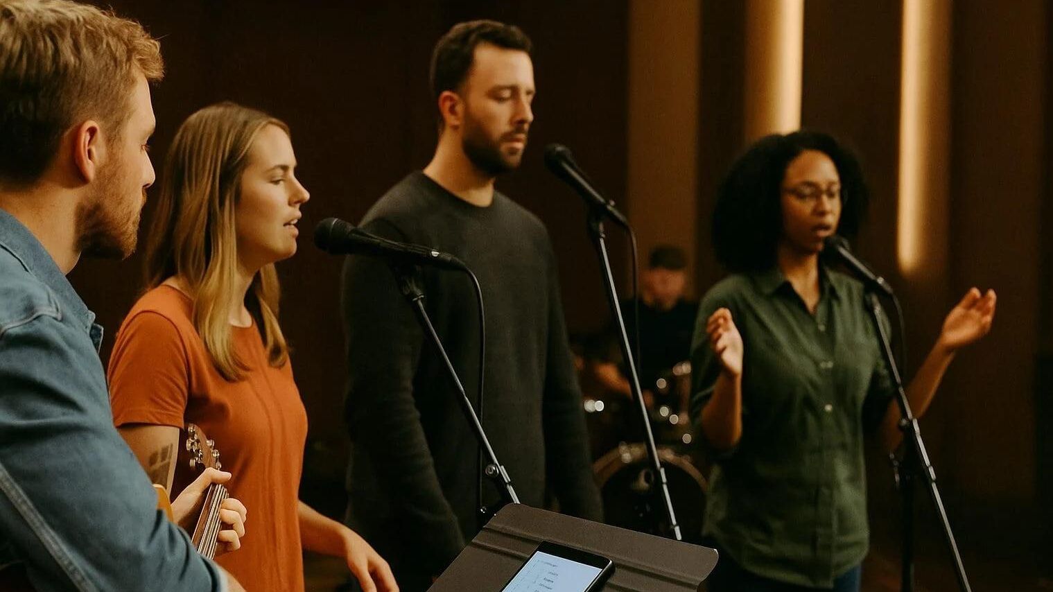 Worship team rehearsal on a church stage showing an experienced member guiding a new vocalist side by side, demonstrating microphone technique while other musicians practice in the background under soft stage lighting.