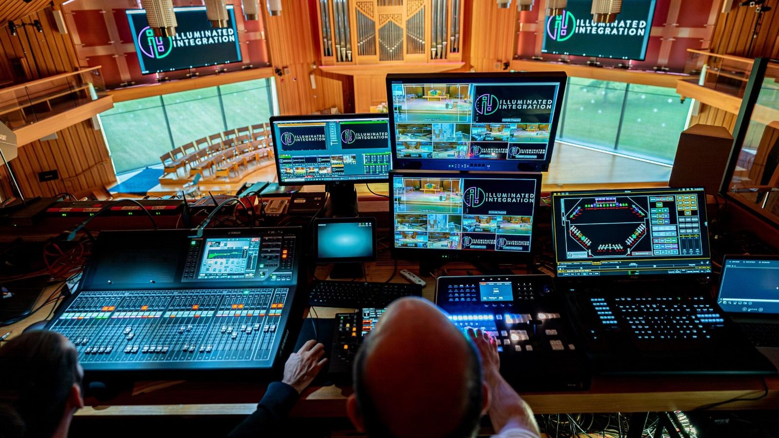 Church AVL setup with audio, lighting, and visuals working together during a worship service