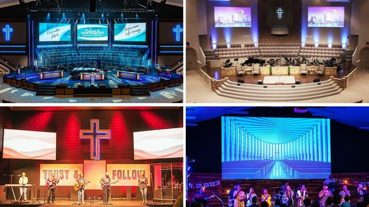 Church sanctuary examples showing different LED wall setups, including multi-screen displays, side projection screens, and large center LED walls during live worship services.